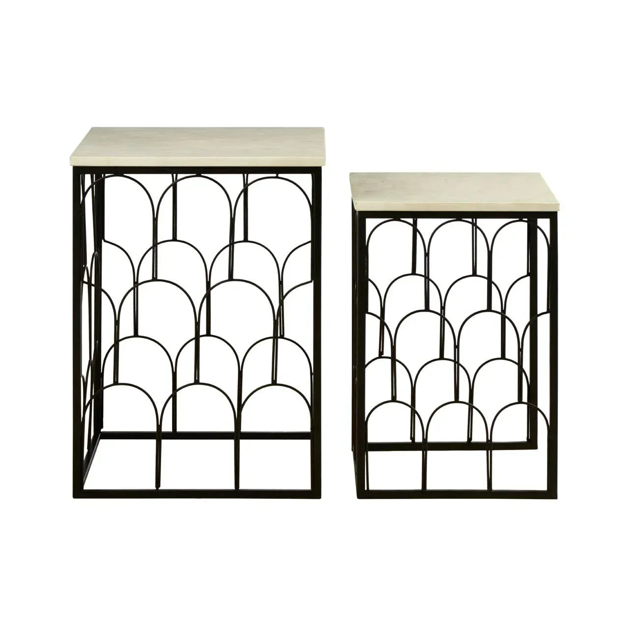 Set of two nesting side tables with white tops and black metal geometric bases
