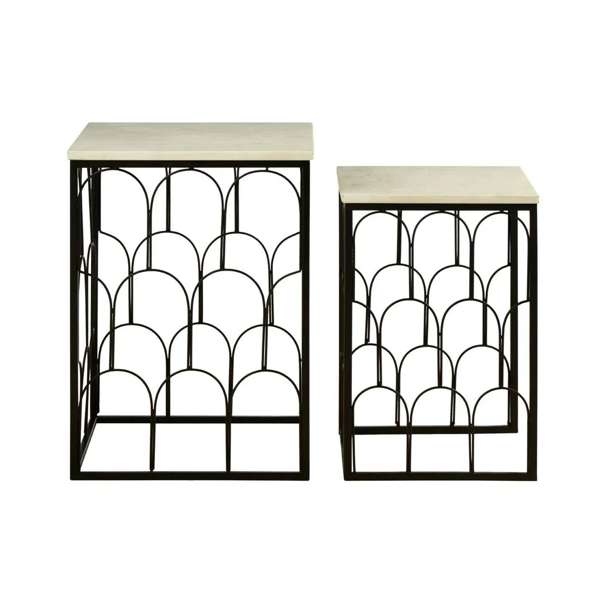 Set of two nesting side tables with white tops and black metal geometric bases