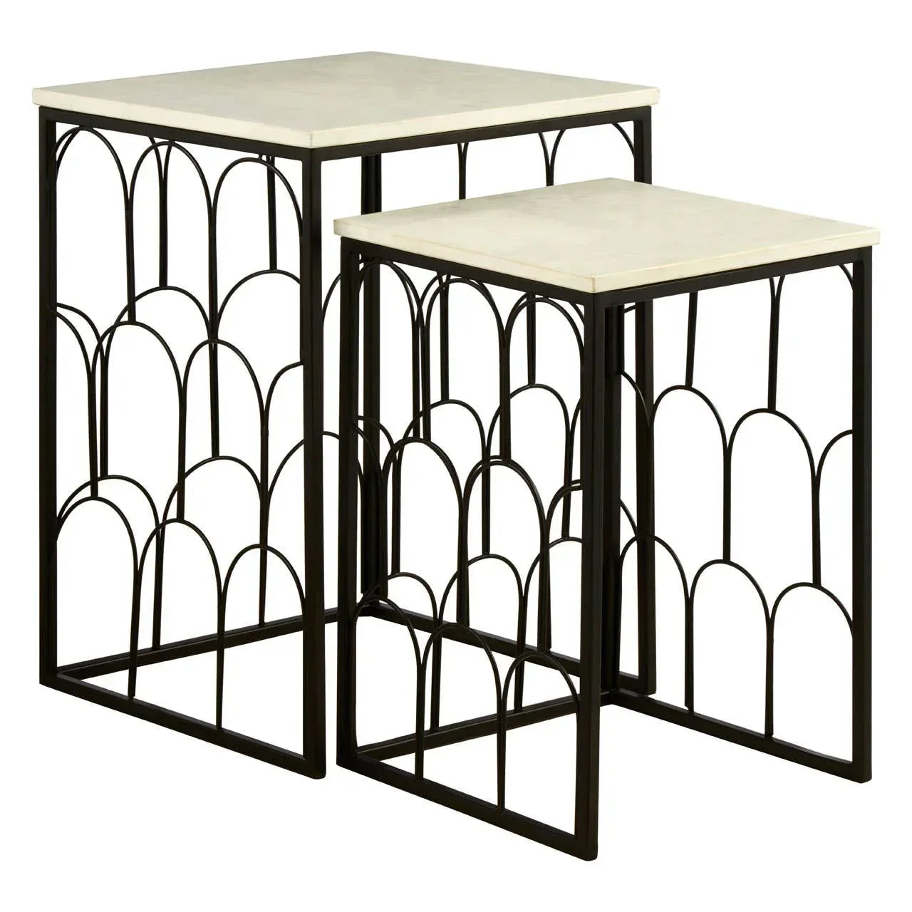Marble top nesting tables with black metal frames and arched geometric side design