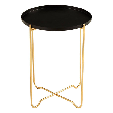 Round top side table with a sleek black finish and gold metal legs, featuring a minimalist design suitable for modern home decor