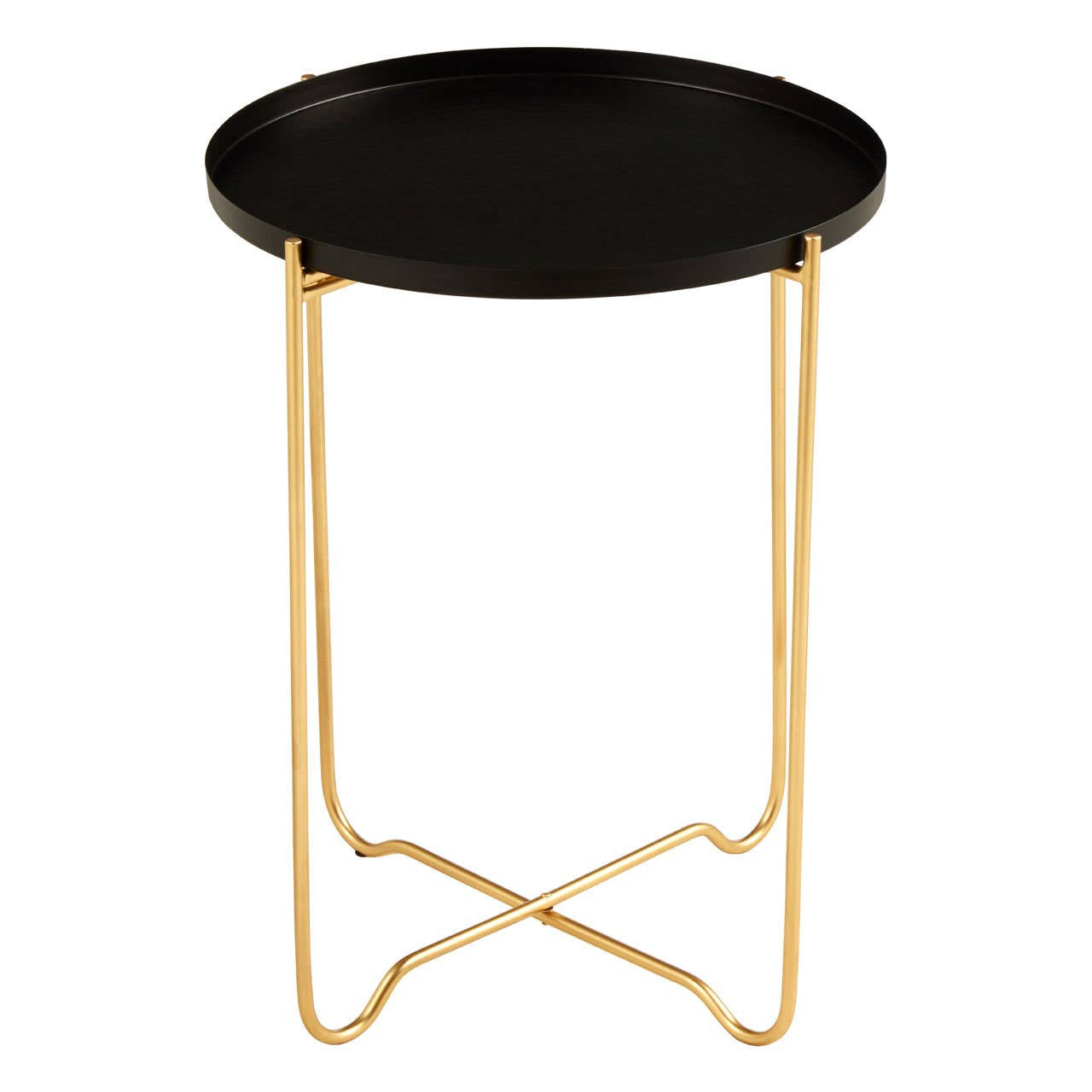 Round top side table with a sleek black finish and gold metal legs, featuring a minimalist design suitable for modern home decor