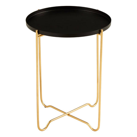 Round top side table with a sleek black finish and gold metal legs, featuring a minimalist design suitable for modern home decor