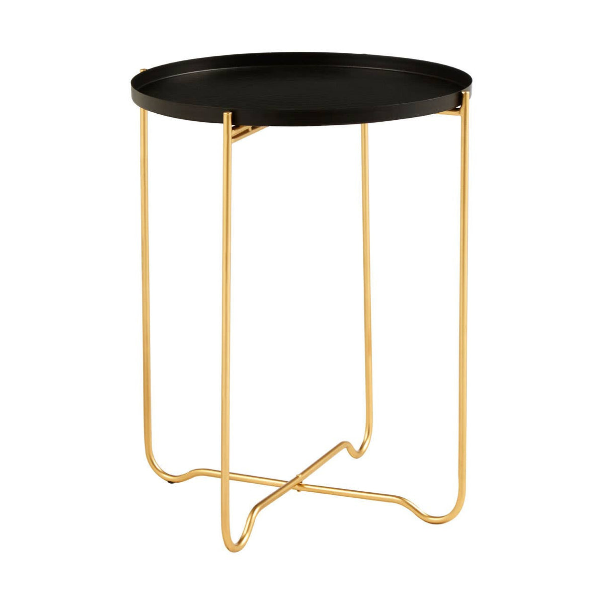 Round top side table with a sleek black surface and gold metal legs, featuring a minimalist design with a geometric base for stability