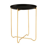 Round top side table with a sleek black surface and gold metal legs, featuring a minimalist design with a geometric base for stability