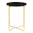 Round top side table with a sleek black finish and a gold metal base featuring a modern, minimalist design. The table has a circular tray-like top and slender, crossed legs for stability