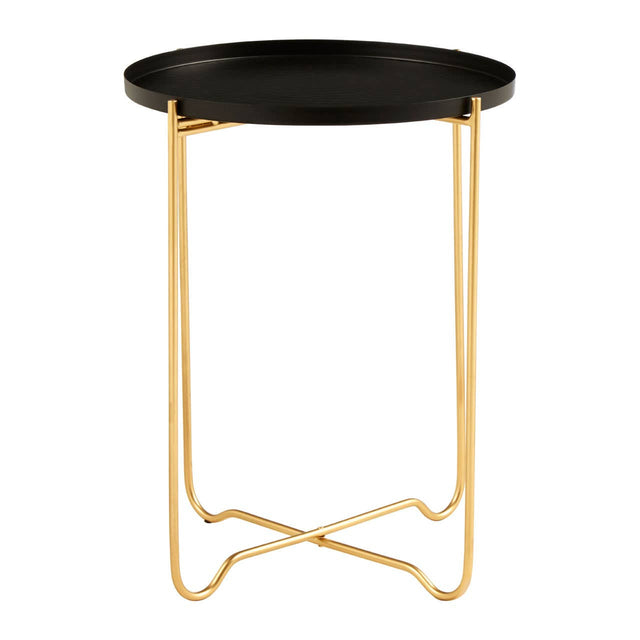 Round top side table with a sleek black finish and a gold metal base featuring a modern, minimalist design. The table has a circular tray-like top and slender, crossed legs for stability