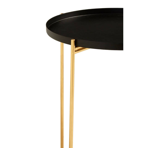 Round black top side table featuring a sleek, minimalist design with a gold metal base. The table has a smooth, circular surface and slender legs that provide a modern aesthetic