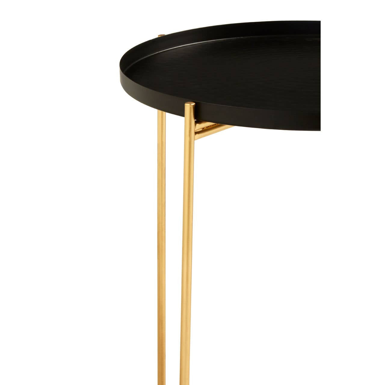 Round black top side table featuring a sleek, minimalist design with a gold metal base. The table has a smooth, circular surface and slender legs that provide a modern aesthetic