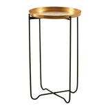 Round top side table featuring a gold finish tray-style surface supported by a sleek black metal frame with a minimalist design. The legs are elegantly curved, providing stability while maintaining a modern aesthetic
