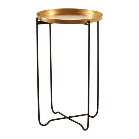 Round top side table featuring a gold finish tray-style surface supported by a sleek black metal frame with a minimalist design. The legs are elegantly curved, providing stability while maintaining a modern aesthetic