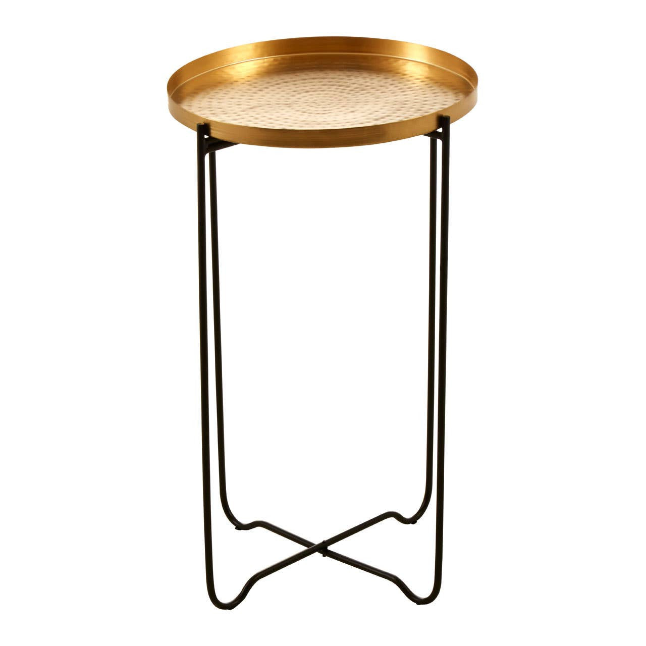 Round top side table featuring a gold finish tray-style top and slender black metal legs with an X-shaped base, designed for modern home decor