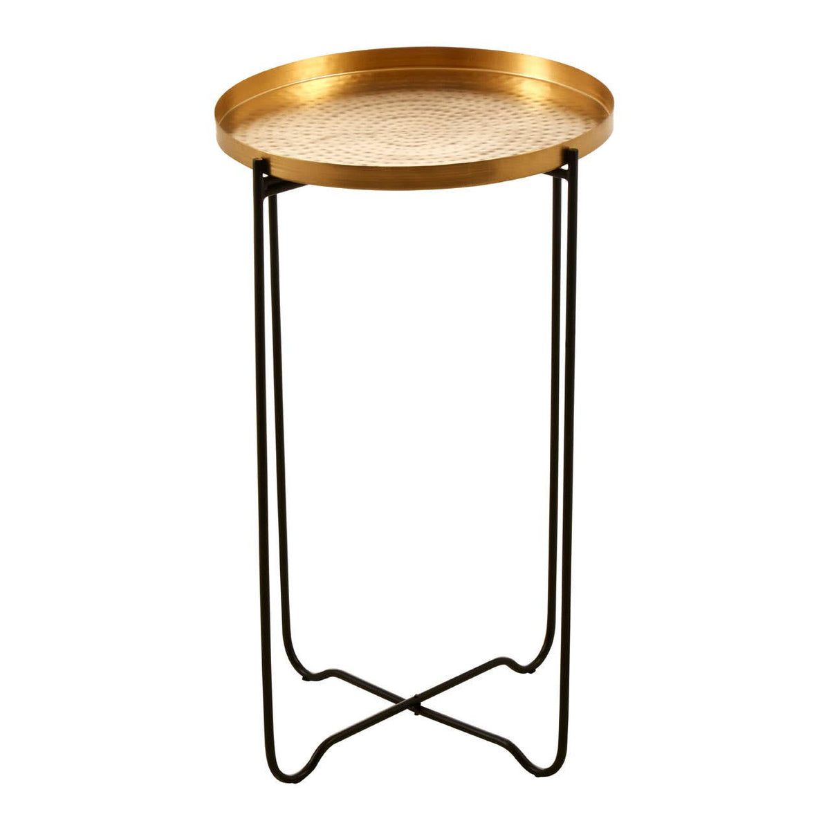 Round top side table featuring a gold finish tray-style top and slender black metal legs with an X-shaped base, designed for modern home decor