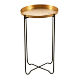 Round top side table featuring a gold finish tray-style top and slender black metal legs with an X-shaped base, designed for modern home decor