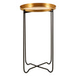 Round top side table featuring a sleek gold finish on the tabletop and a minimalist black metal base with an X-shaped design for stability. The elegant combination of materials adds a modern touch to home decor