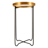 Round top side table featuring a sleek gold finish on the tabletop and a minimalist black metal base with an X-shaped design for stability. The elegant combination of materials adds a modern touch to home decor