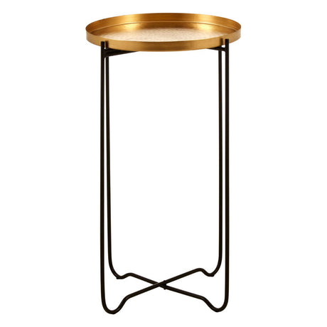 Round top side table featuring a sleek gold finish on the tabletop and a minimalist black metal base with an X-shaped design for stability. The elegant combination of materials adds a modern touch to home decor