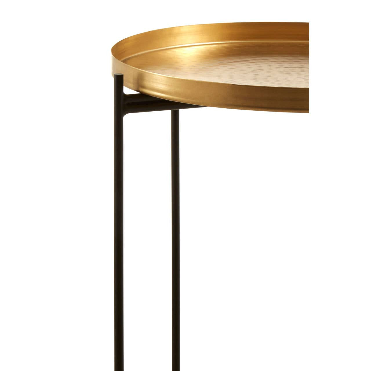 Round top side table featuring a gold finish tray-style top and a sleek black metal base with slender legs. The design combines elegance and modernity, suitable for various home decor styles