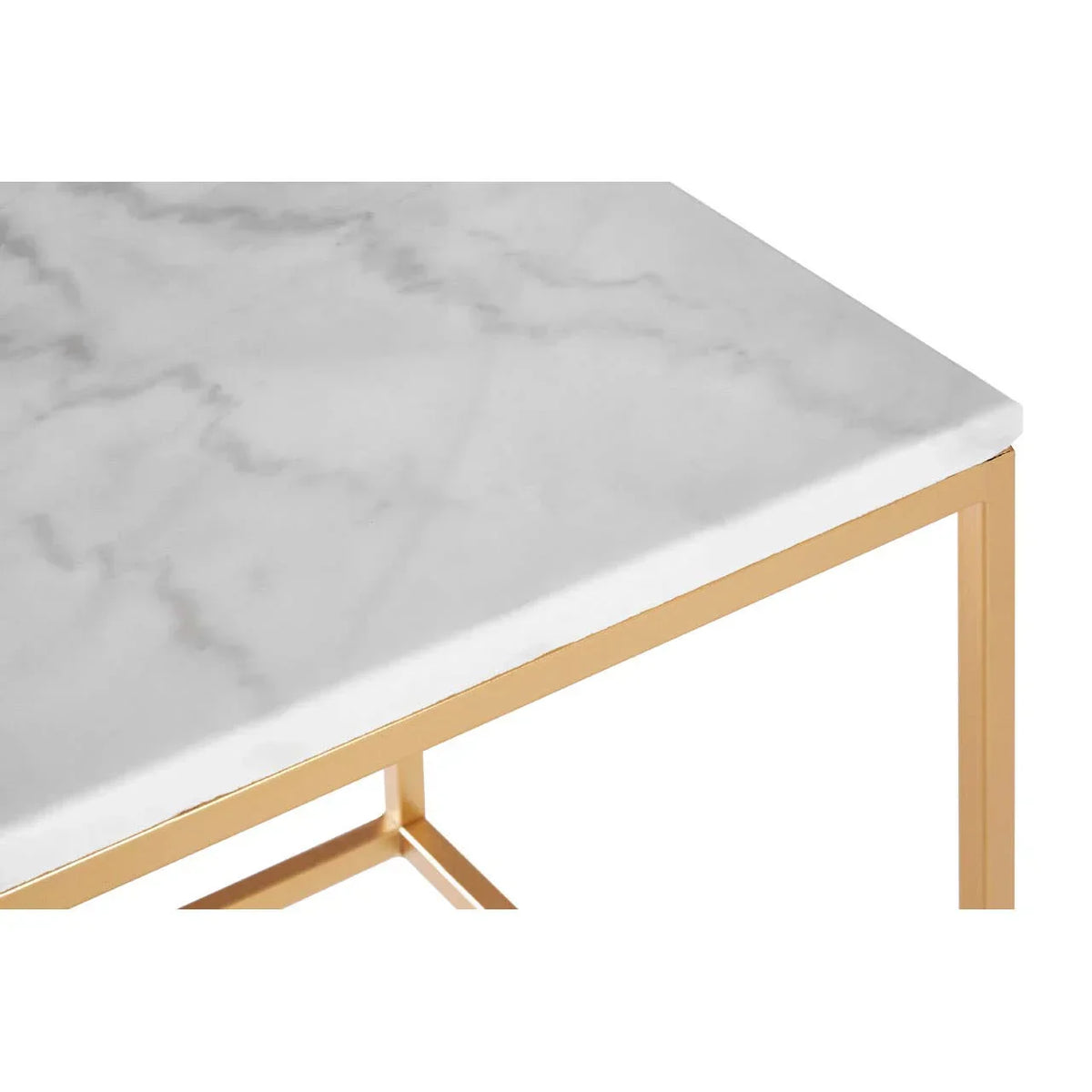 White marble top coffee table with gold metal frame, corner angle closeup