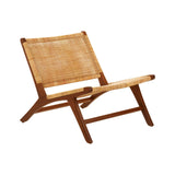 A lounge chair featuring a wooden frame with a natural rattan seat and backrest, designed with a minimalist aesthetic. The chair has a low profile and angled back, showcasing a blend of organic materials and a simple, modern design