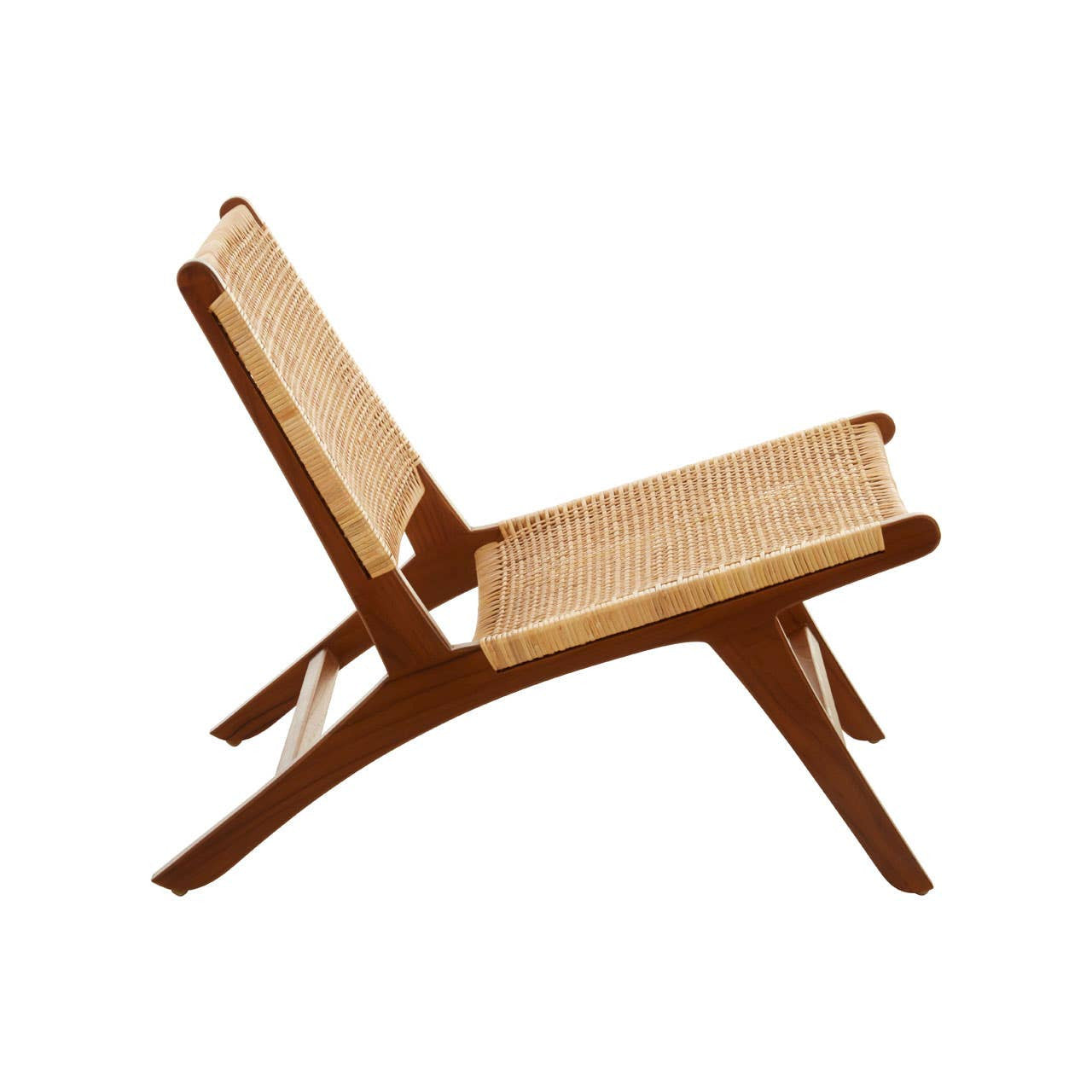 A wooden lounge chair with a natural rattan seat and backrest, featuring a minimalist design and angled legs for stability. The chair has a warm brown finish, highlighting the natural texture of the rattan