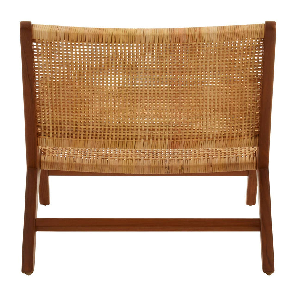 A wooden lounge chair featuring a natural rattan seat and backrest, showcasing a minimalist design with a sturdy frame and a light brown finish. The chair is viewed from the back, highlighting the woven rattan texture and the clean lines of the structure