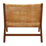 A wooden lounge chair featuring a natural rattan seat and backrest, showcasing a minimalist design with a sturdy frame and a light brown finish. The chair is viewed from the back, highlighting the woven rattan texture and the clean lines of the structure