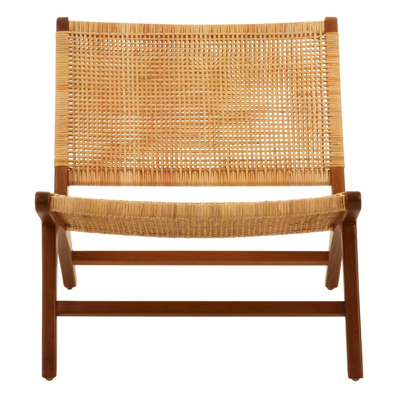 A wooden lounge chair featuring a natural rattan seat and backrest, with a minimalist design and a sturdy frame. The chair has a light brown finish, highlighting the texture of the rattan
