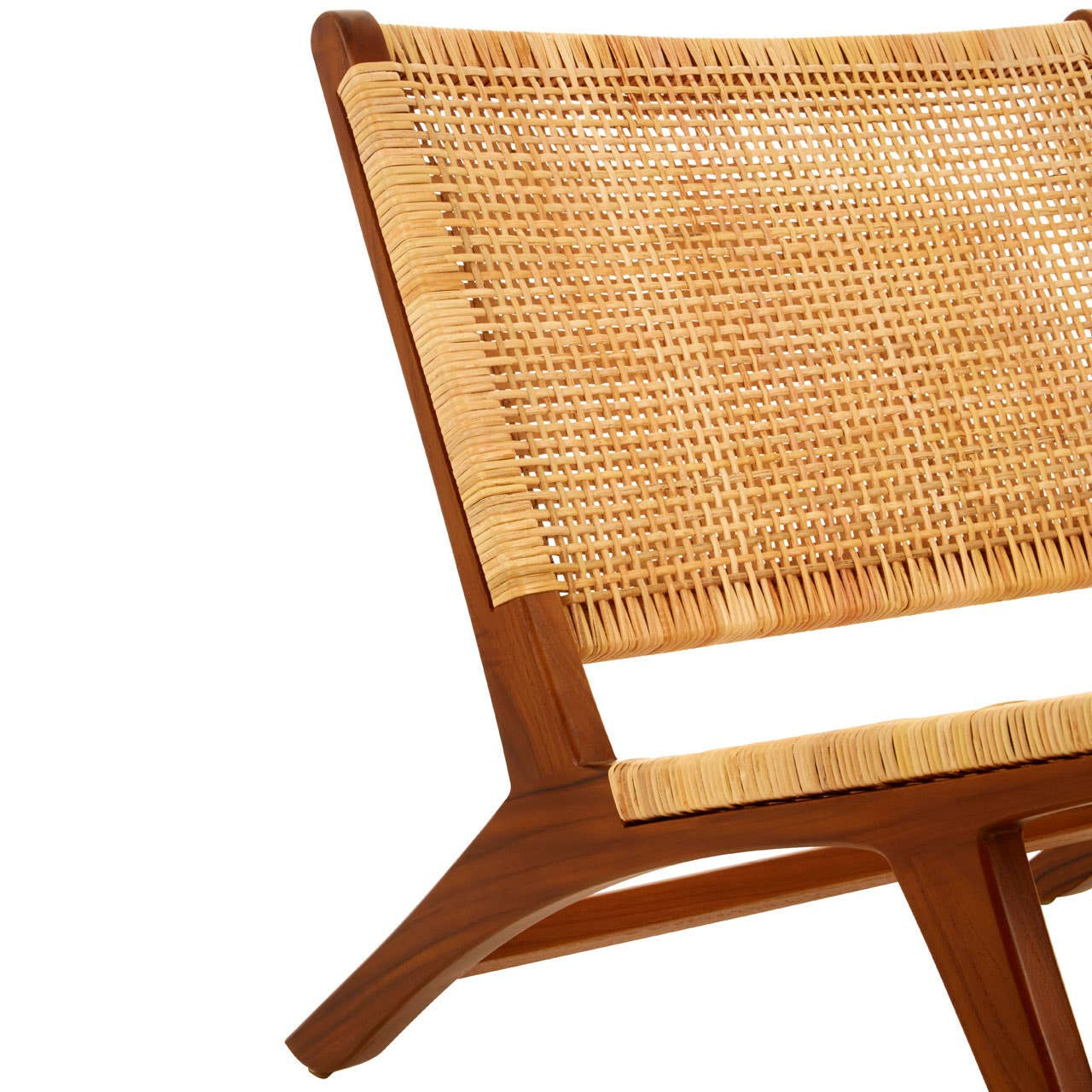 A stylish lounge chair featuring a wooden frame with a rich brown finish and a backrest made of natural rattan, showcasing a woven design that adds texture and warmth. The chair has a minimalist silhouette with angled legs for a modern touch