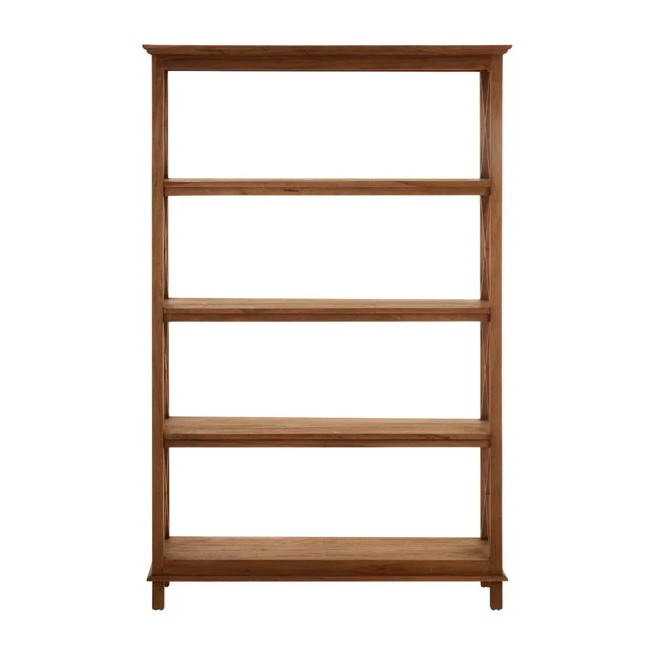 Tall wooden bookcase with four shelves in natural finish, front view
