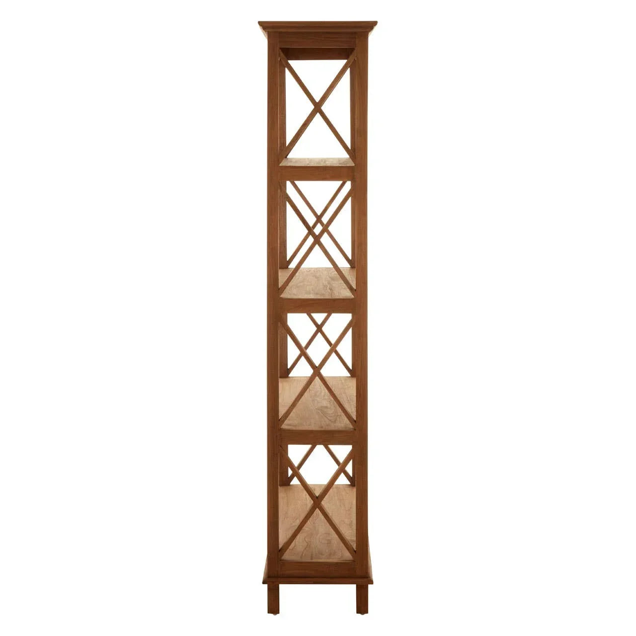 Tall wooden shelving unit with four open shelves and cross-brace sides, front view