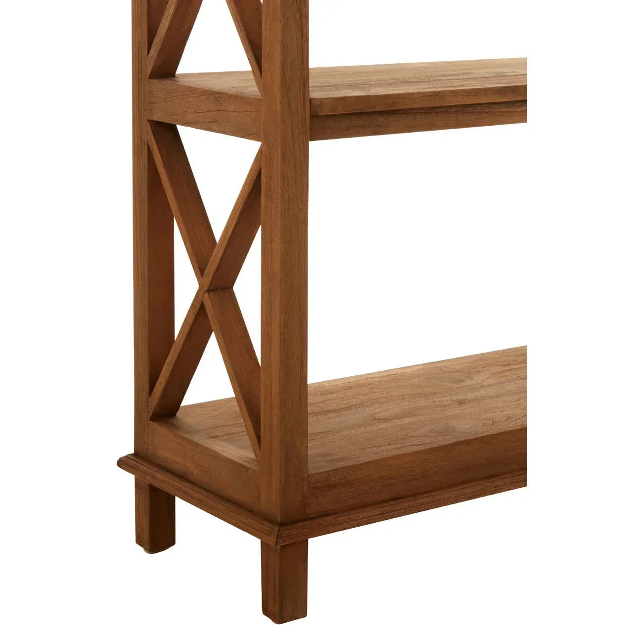 Wooden shelving unit with X-frame side detail and two shelves in natural finish