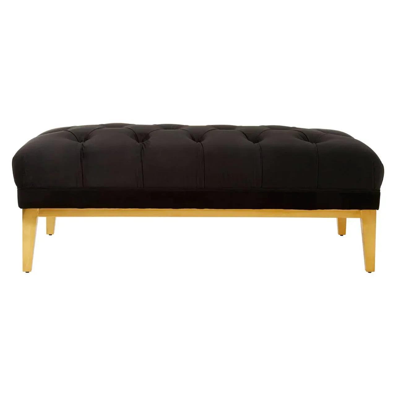 Black tufted velvet bench with gold metal legs, front view
