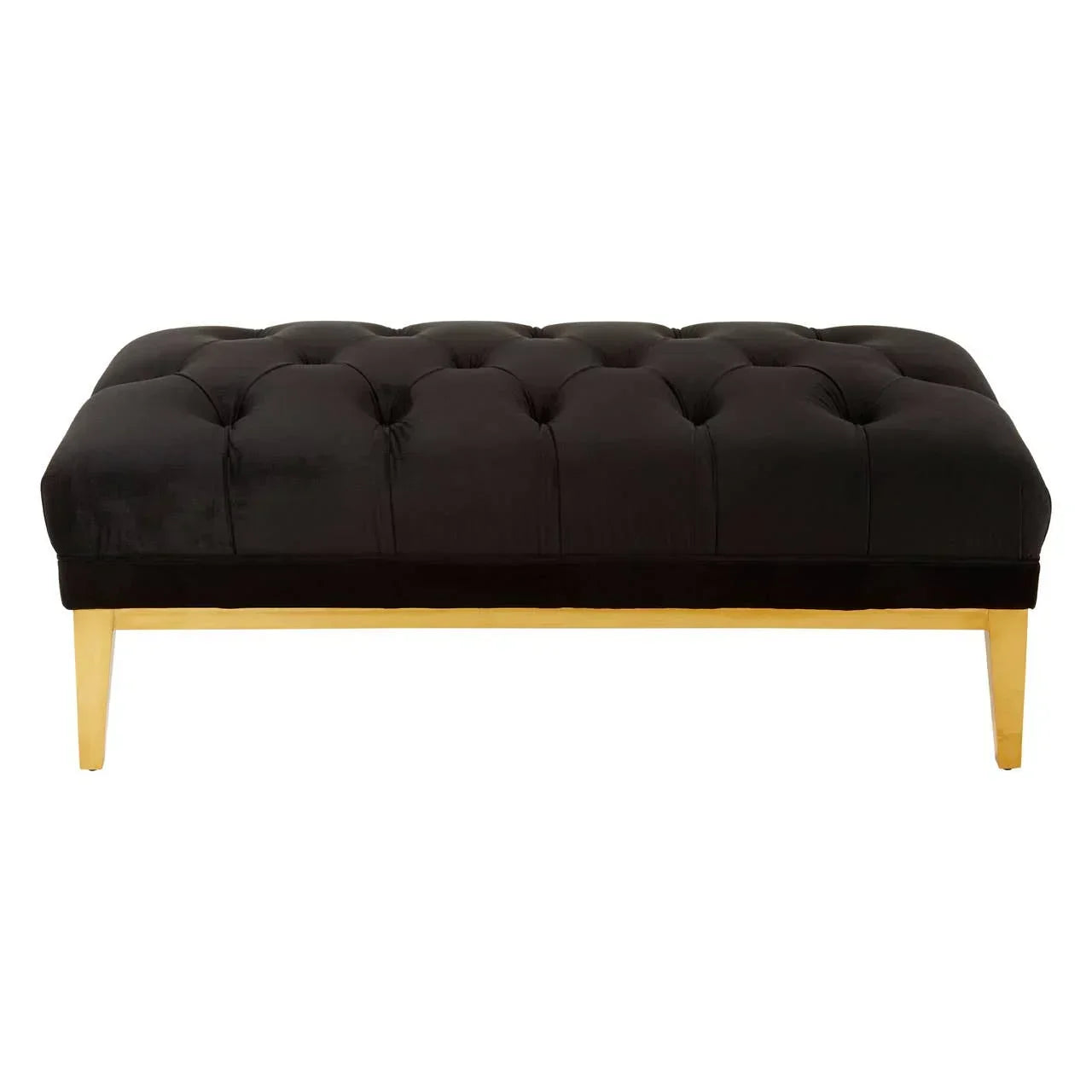 Black velvet ottoman bench with tufted top and gold metal legs, front view