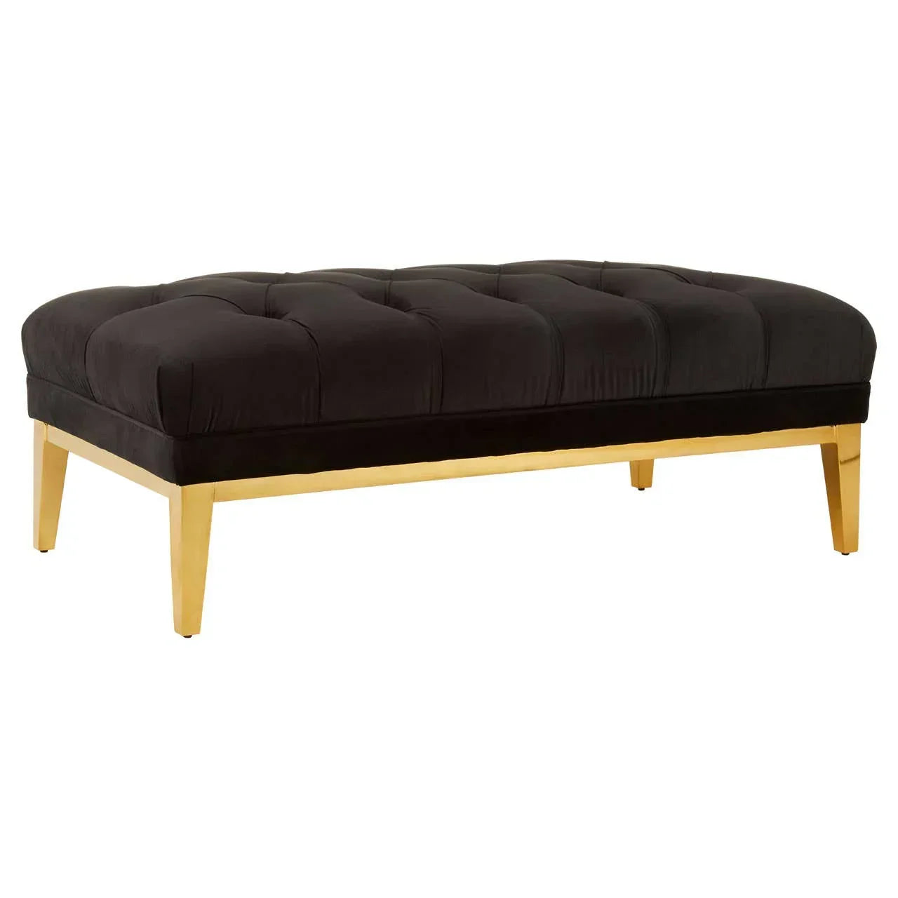 Black velvet ottoman bench with tufted seat and gold metal legs