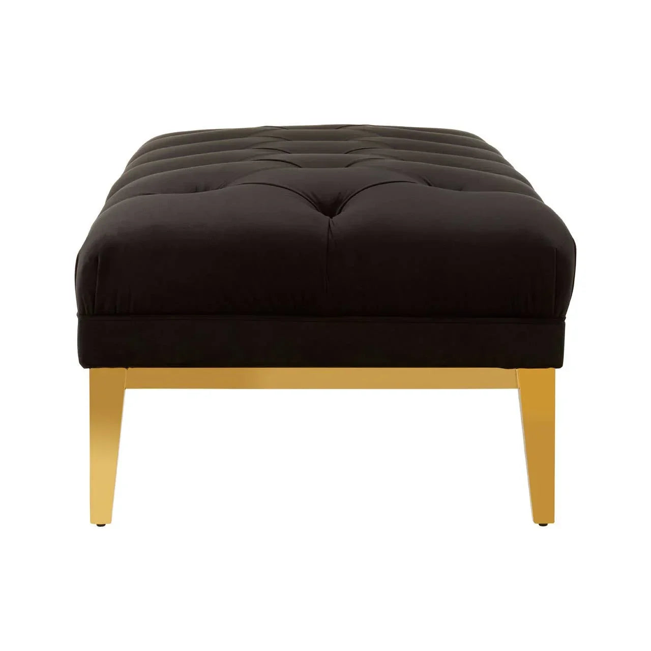 Black velvet ottoman with gold metal legs and tufted cushion, front view