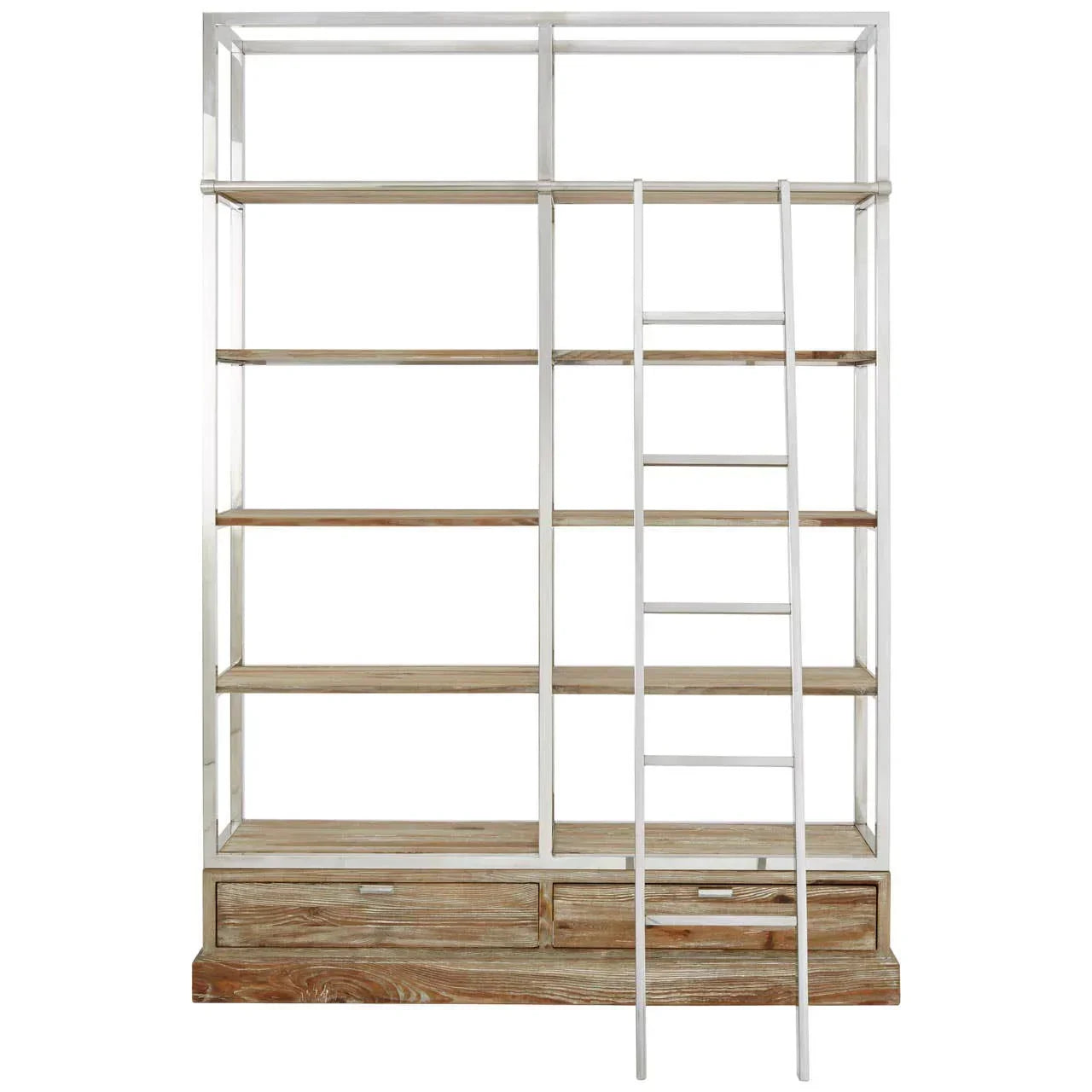 Wood and metal bookcase with ladder and lower storage drawers, front view