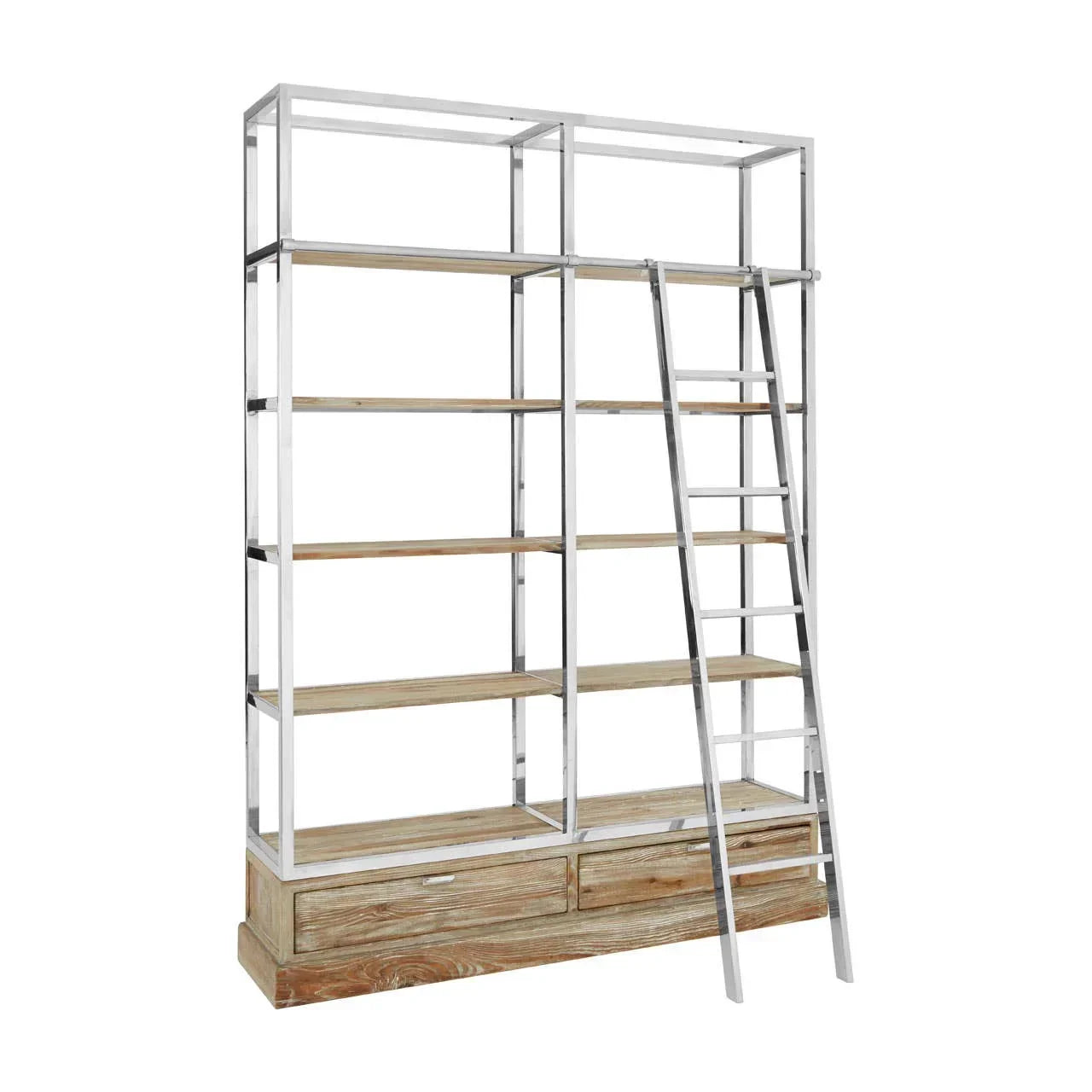 Industrial bookcase with metal frame, wood shelves, lower drawers and ladder