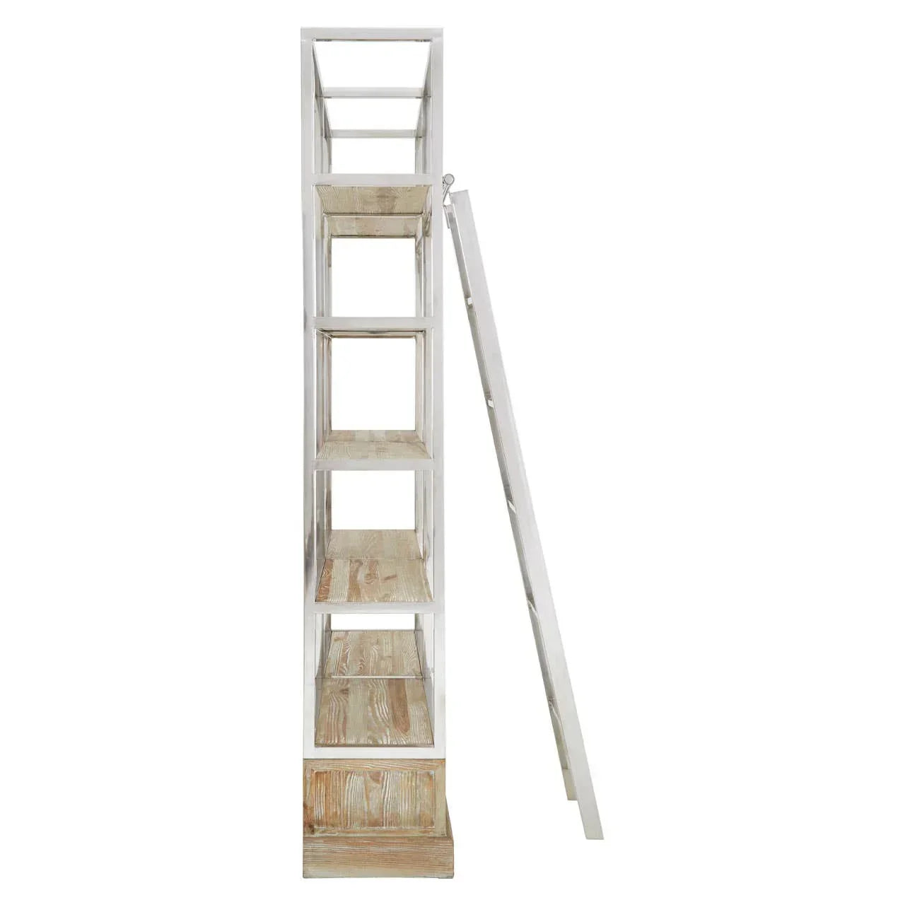 White wooden bookcase with five open shelves and attached ladder, side view