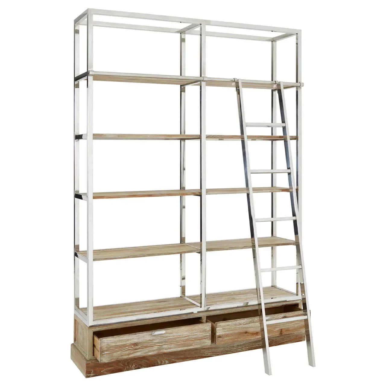Tall wooden bookcase with metal frame, lower drawers and attached ladder