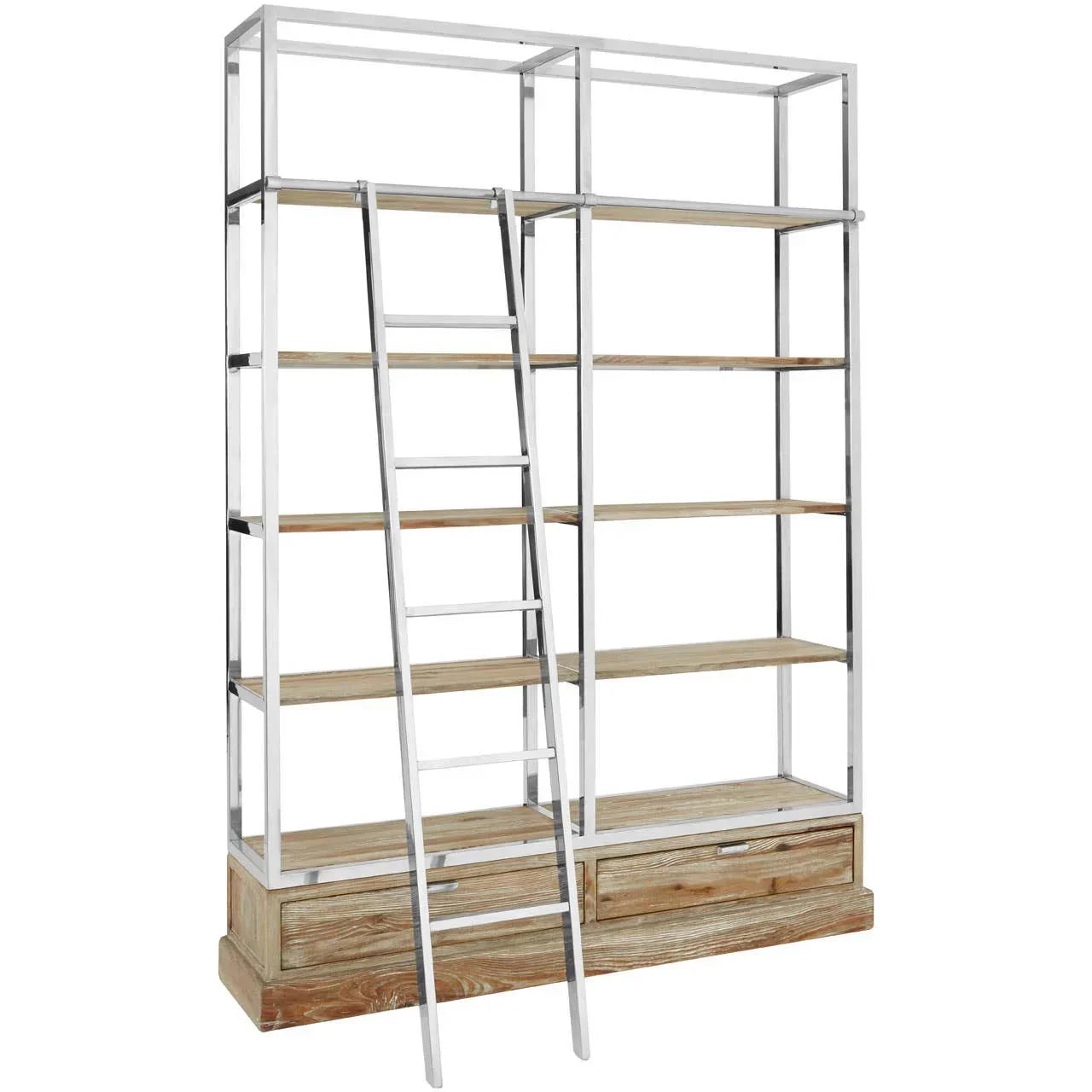 Industrial bookcase with chrome frame, natural wood shelves, drawers and metal ladder