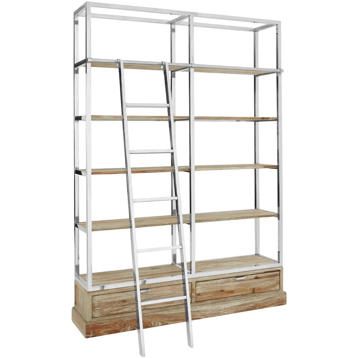 Industrial bookcase with chrome frame, natural wood shelves, drawers and metal ladder