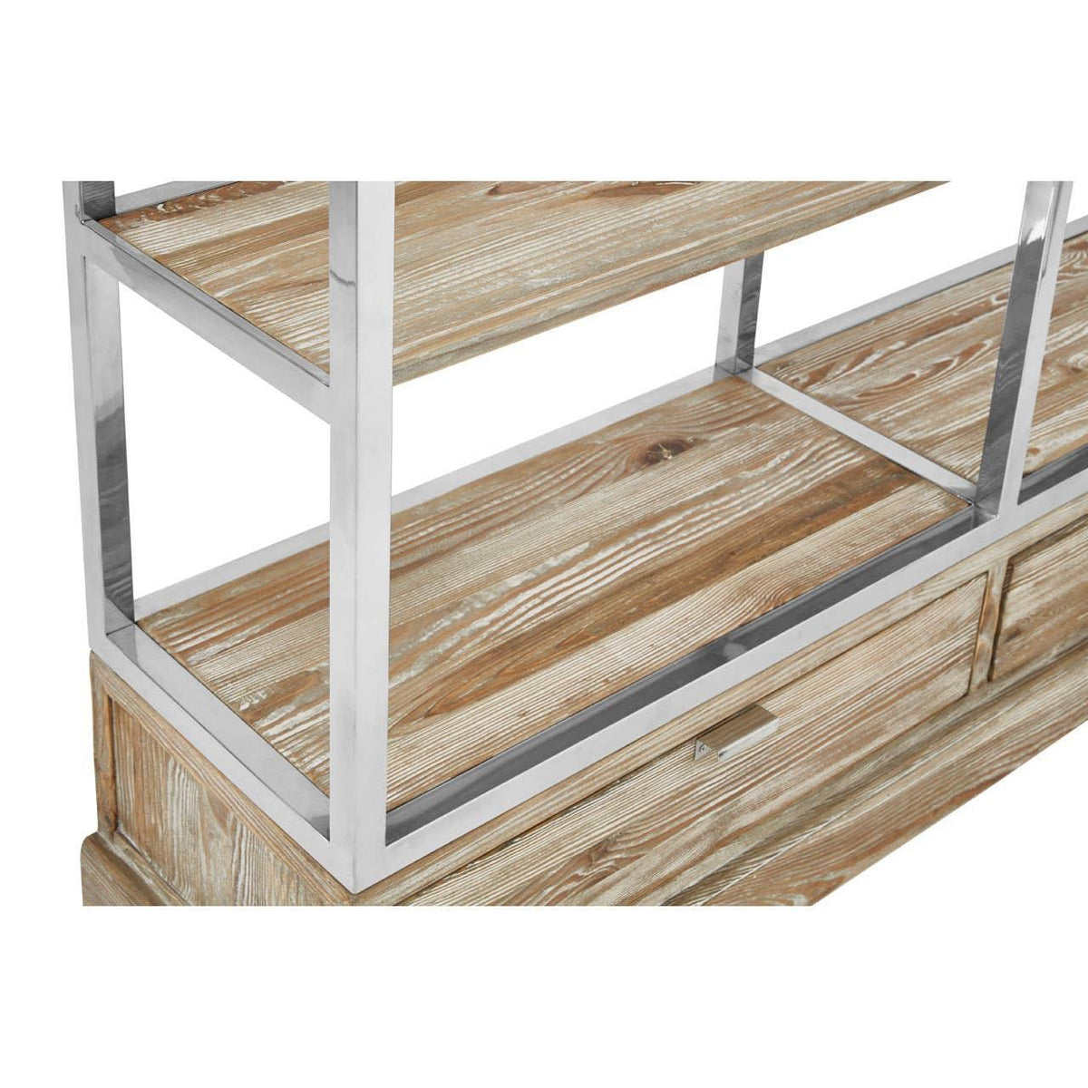 Industrial shelving unit with light wood shelves and metal frame, close-up of lower section