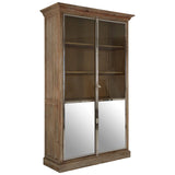 White washed pine wood cabinet featuring two mirrored doors, a decorative top, and multiple interior shelves for storage. The cabinet has a rustic finish that highlights the wood grain