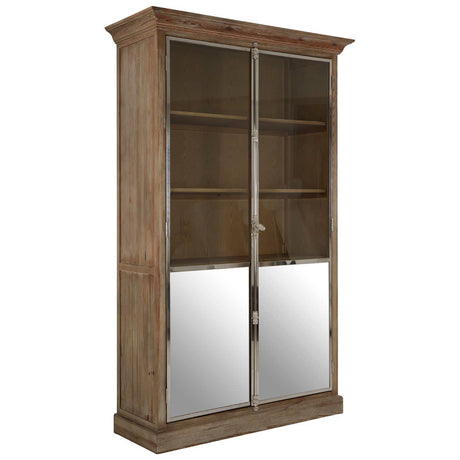 White washed pine wood cabinet featuring two mirrored doors, a decorative top, and multiple interior shelves for storage. The cabinet has a rustic finish that highlights the wood grain