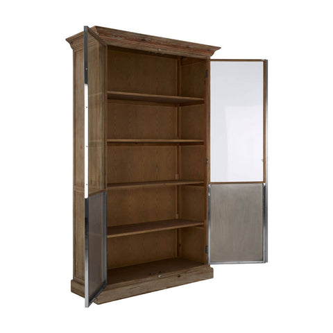 White washed pine wood cabinet featuring two doors, a tall structure with a decorative top, and multiple interior shelves. One door is open, revealing the spacious shelving inside. The cabinet has a natural wood finish with a light tone, showcasing the grain of the wood