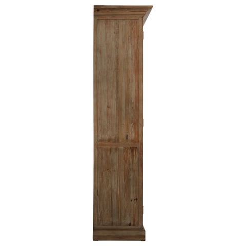 Tall, two-door cabinet made of white washed pine wood, featuring a simple design with a flat top and vertical paneling on the doors. The cabinet has a natural wood finish that highlights the grain and texture, suitable for home decor