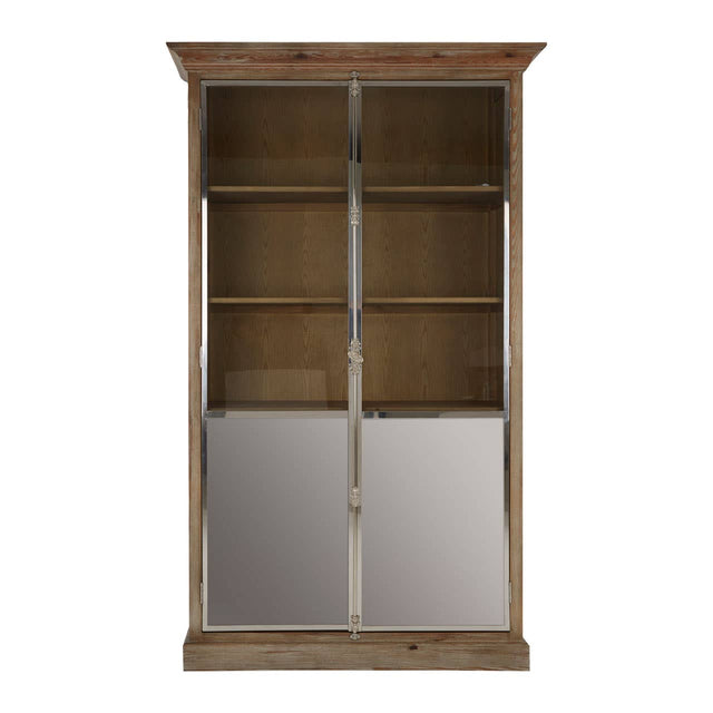 White washed pine wood cabinet with two mirrored doors and two shelves inside, featuring a classic design and a slightly distressed finish