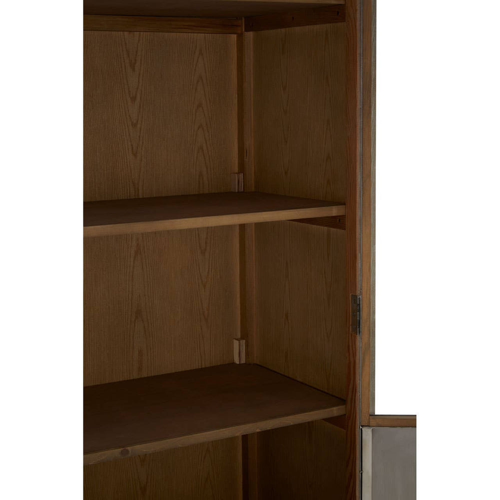 Two-door cabinet made of white washed pine wood, featuring a simple design with two shelves inside and a natural wood finish. The cabinet doors are closed, showcasing the smooth texture of the wood