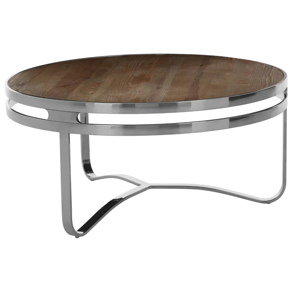 Round coffee table with wood top and chrome metal frame, modern living room furniture