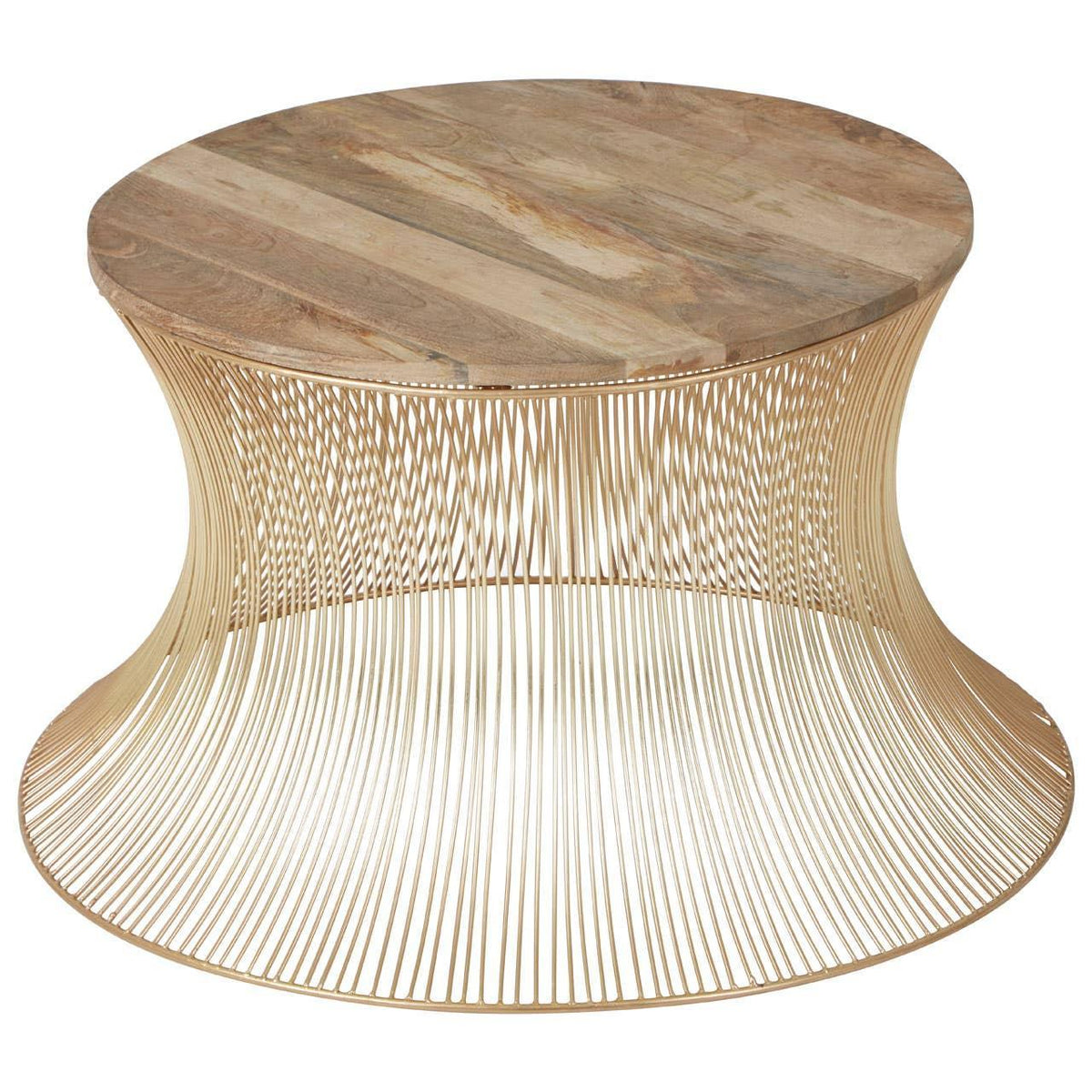 Round coffee table with wooden top and gold metal wire base, modern living room furniture